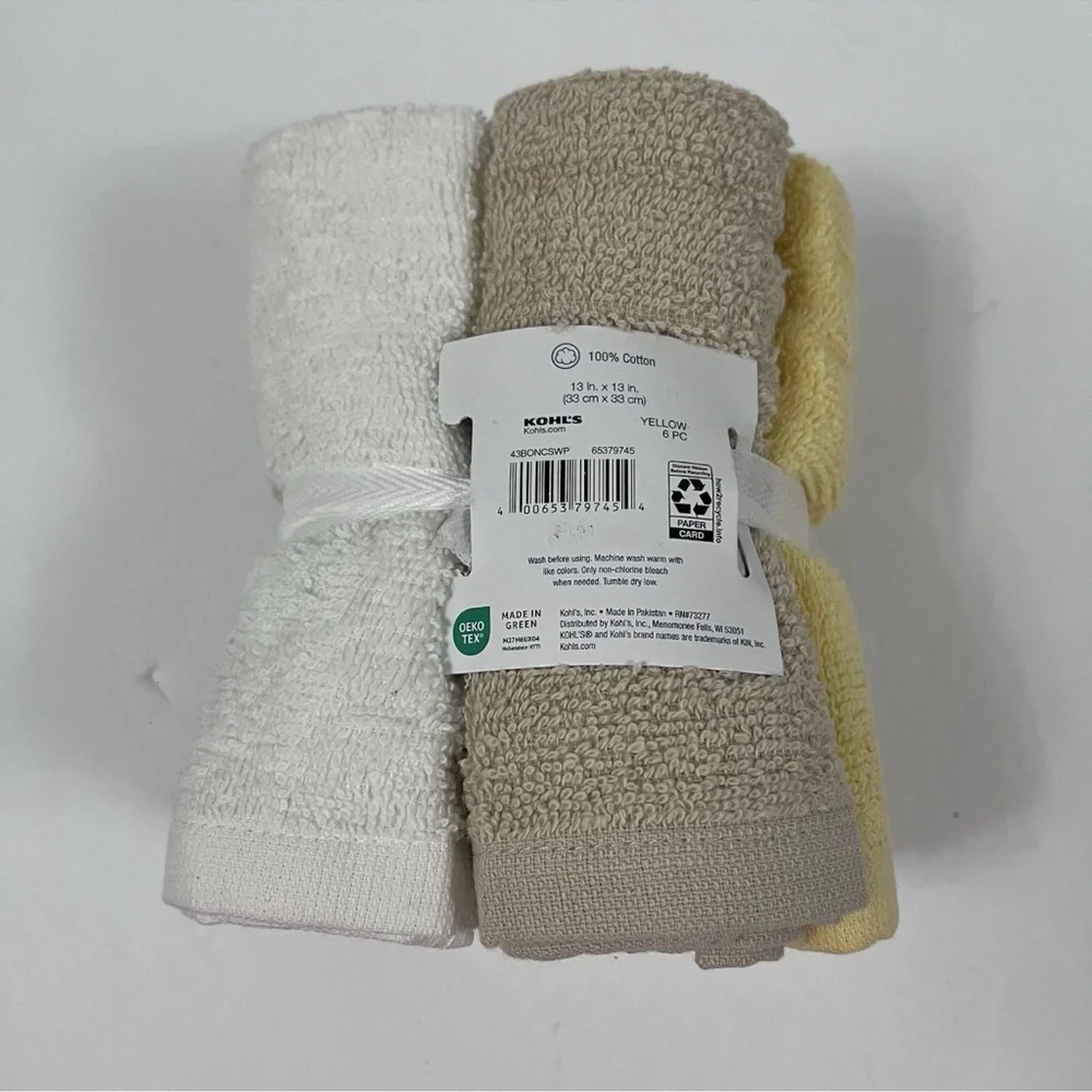 2x The Big One Washcloths Face Cloths 6 Pack 100% Cotton yellow & White 13”x 13”